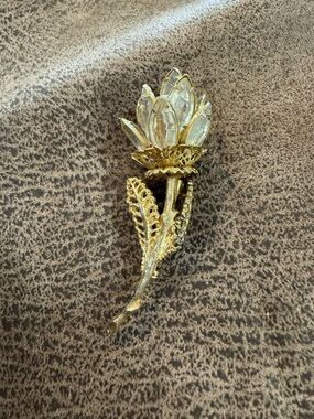 Gold Floral Crystal Flower Brooch